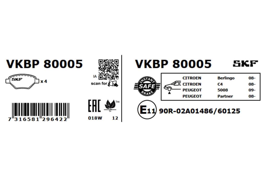 Jogo de 4 pastilhas de travão SKF ref. VKBP 80005